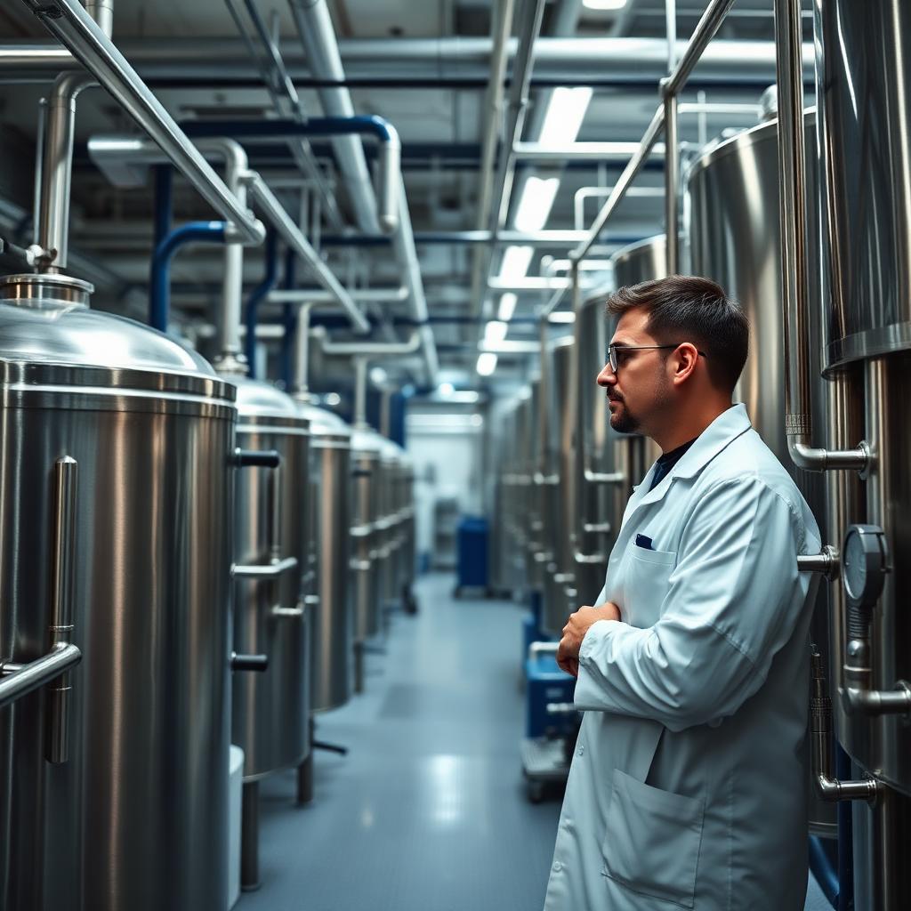Technician inspecting stainless steel reactors inside a modern chemical manufacturing plant